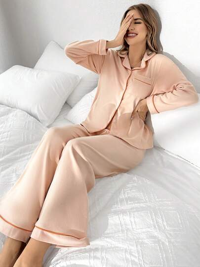 拼色邊緣細節黏合袋長袖長褲絨面睡衣套裝