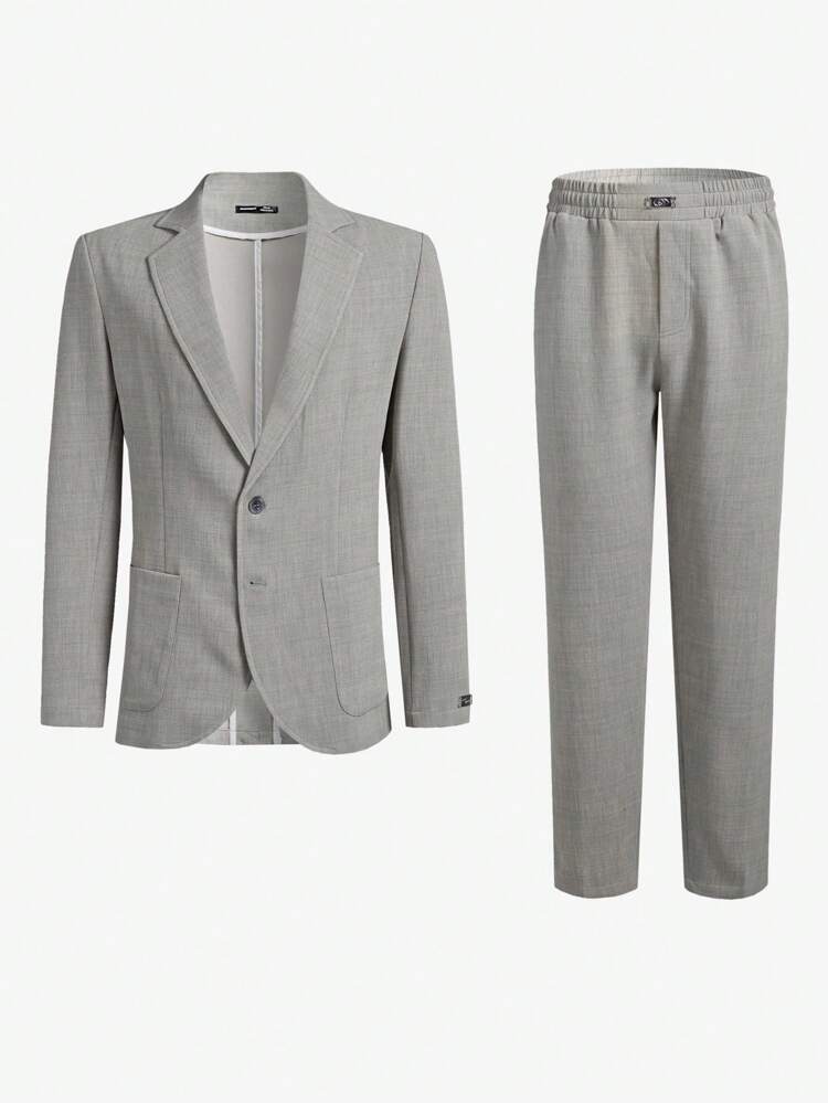 Easy Care 2pcs Men's Old Money Style Business Casual Solid Color Suit, Slim Fit, Zipper Closure, Mid-Waist, Suitable For Work, Spring And Autumn
