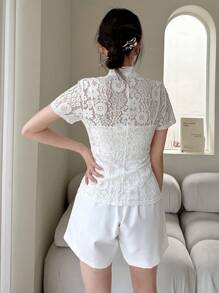 EastFlair Women's Solid Color Simple Lace Chinese Style Top For Daily Wear - White - View 2