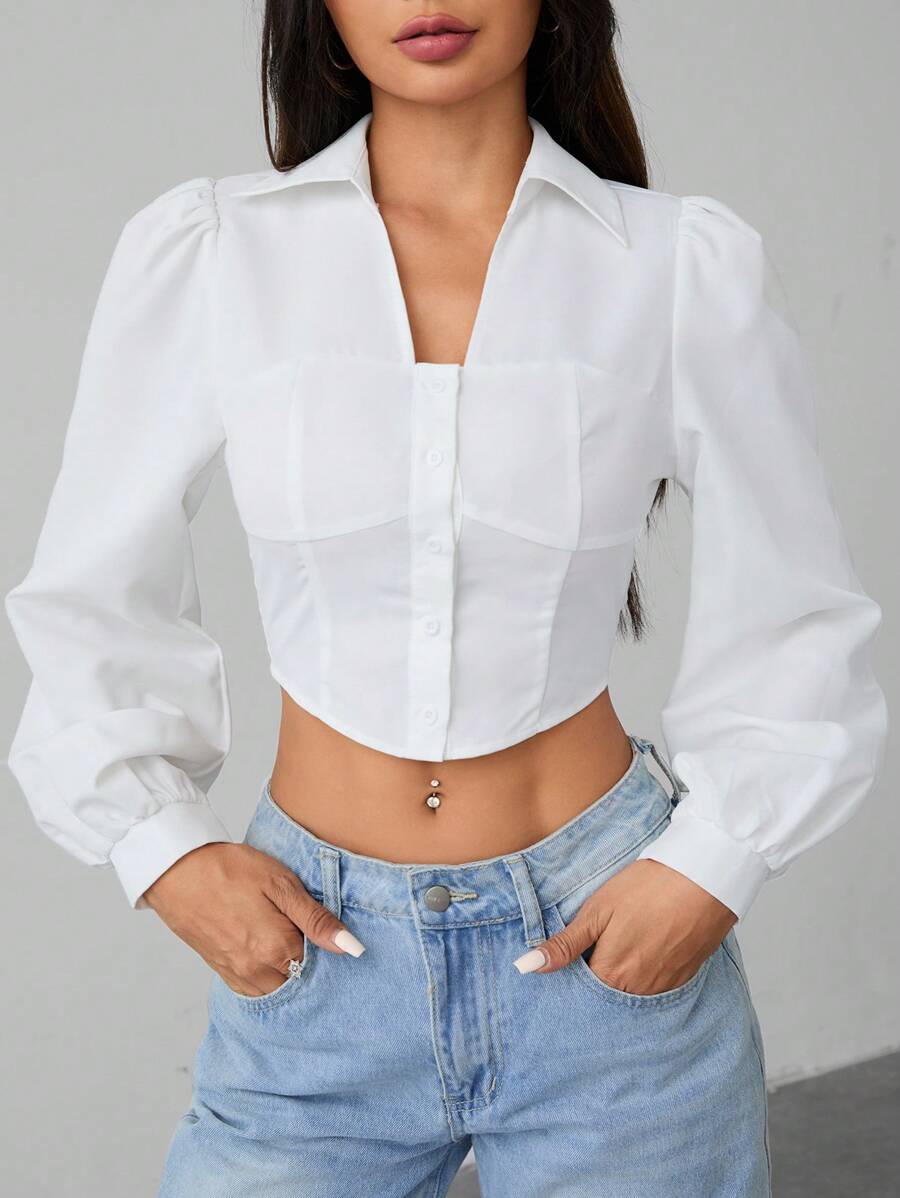 SHEIN PETITE V-Neck Split Herringbone Line Lantern Sleeve Button Front Shirt - White - View 1