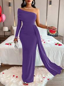 Amarilo Solid Color Asymmetric Neck Ruched Elegant Long Sleeve Dress