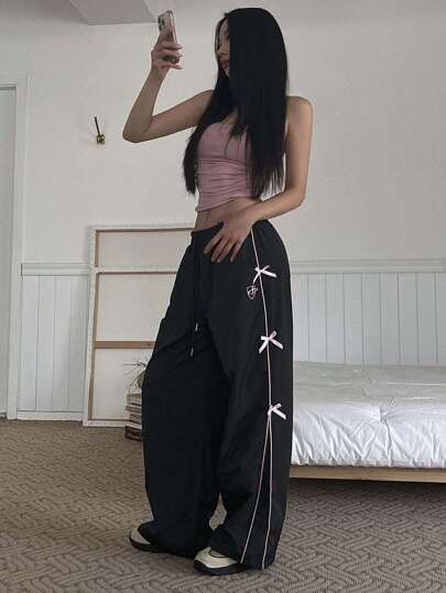 DAZY 女士纯色简约日常长裤，带蝴蝶结装饰 Y2k 夏季