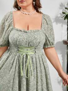 SHEIN MOD Plus Size Square Neckline Romantic Asymmetrical Hem Vacation Dress - Green - View 6
