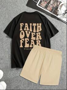 Manfinity Dauomo Bộ áo thun ngắn tay cổ tròn in khẩu hiệu mùa hè có dây rút và quần short thắt lưng dành cho nam - Nhiều màu - Xem 1