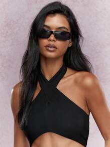 SHEIN X LOS FAVORITOS DE KARIME PINDTER MISSGUIDED Top corto acanalado con cuello de halter - Negro - Ver 3