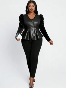 SHEIN Lady 大码秋装女士商务职业天鹅绒拼接 PU 修身夹克，带荷叶边下摆和腰带，适合休闲外出黑色上衣长袖紧身衣灰色夹克秋季女装秋装冬季圆领 - 黑色 - 查看 3