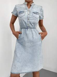 RueChic Flap Pocket Half Button Denim Dress - Light Wash - View 3