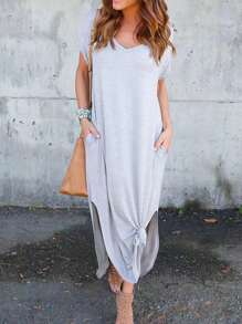 EMERY ROSE Solid Split Side Dress For Summer - Light Grey - View 4