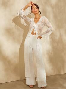 L'Amorae Lace Ruffle Tie Overlay Jumpsuit - White - View 8