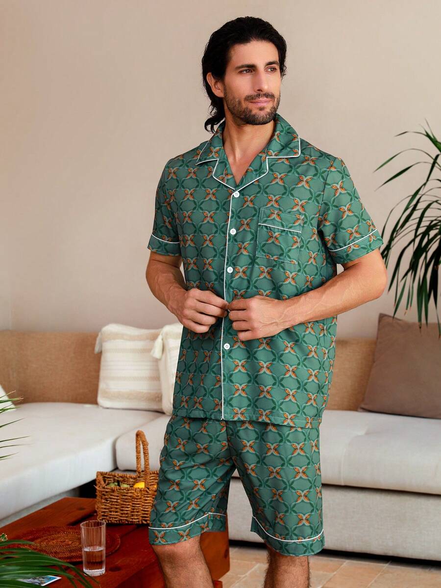 Manfinity ChillVibe Herren Zweiteiliger Pyjama/Schlafanzug Set aus Kurzarm Top mit Allover Muster und Kontrastbesatz und Shorts