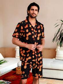 Manfinity ChillVibe Men's Floral Print Button-Front Short Sleeve Top And Shorts Homewear Set - Multicolor - View 1