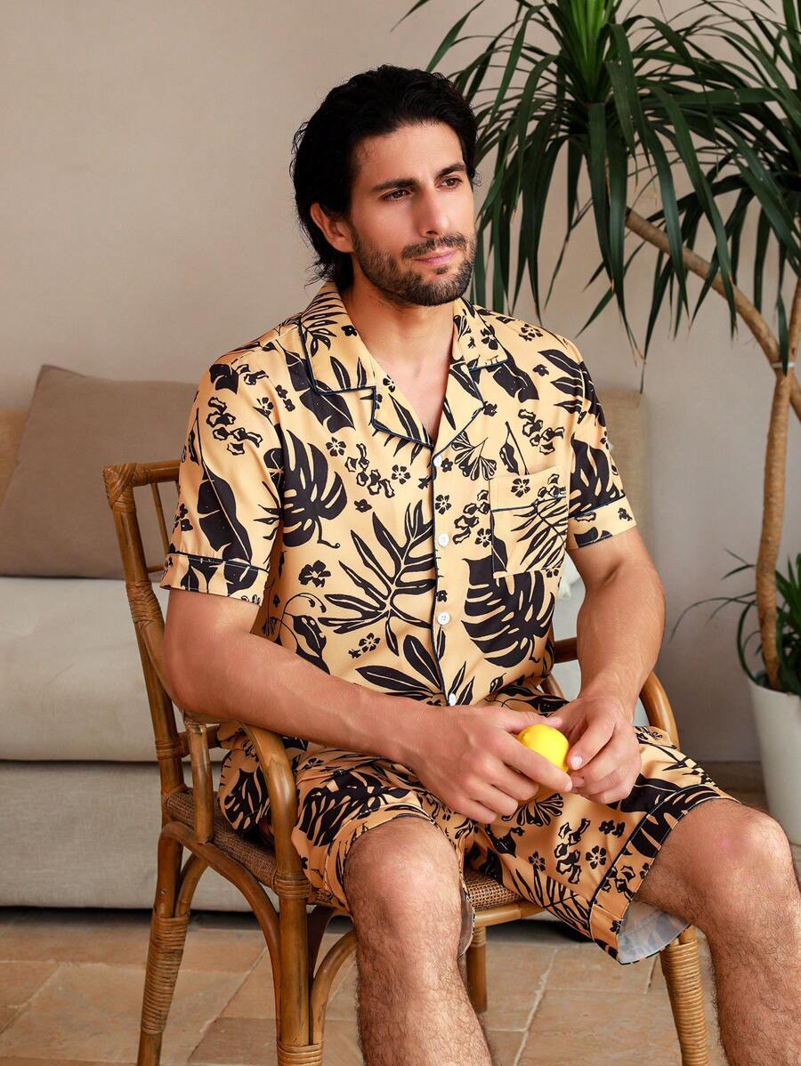 Manfinity ChillVibe 男士熱帶印花短袖和短褲套裝，夏季休閒居家服 - 彩色 - 查看 1