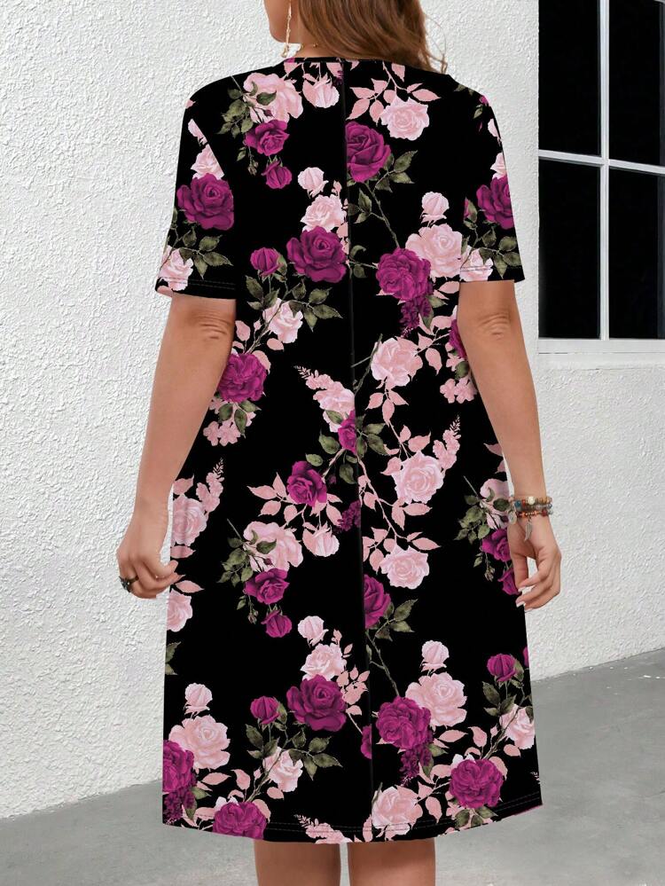 Elegant Rose Flower Printed Short Sleeve Plus Size Bodycon Dress For Women, For Summer,Beach Dress Sundress,Holiday Outfits Boho