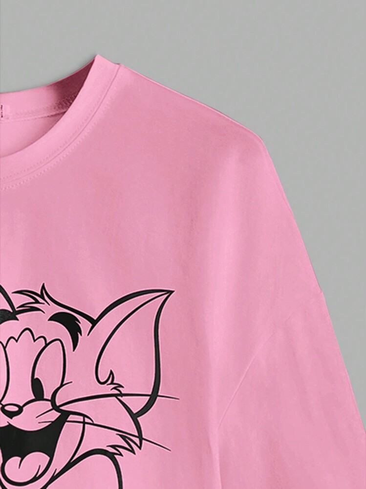 TOM & JERRY X SHEIN Áo thun crop top cỡ lớn in chữ và hoạt hình thường ngày dành cho nữ, mùa hè - Hồng - Xem 3