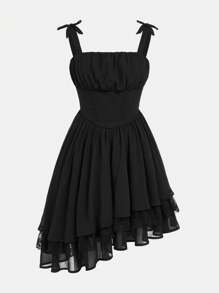 SHEIN 少女不對稱下擺褶皺休閒細肩帶連衣裙，比照面板上帶有蕾絲細節 - 黑色 - 查看 5