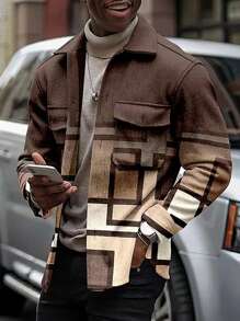 Manfinity Homme Men's Color Block Buttoned Jacket With Pockets For Casual Wear, Long Sleeves Going Out Colorful Long Sleeve Jacket, For Friends, Husband, Boyfriend Gifts Men Plaid Jacketmen Shacketmen's Shacketmens Shacket