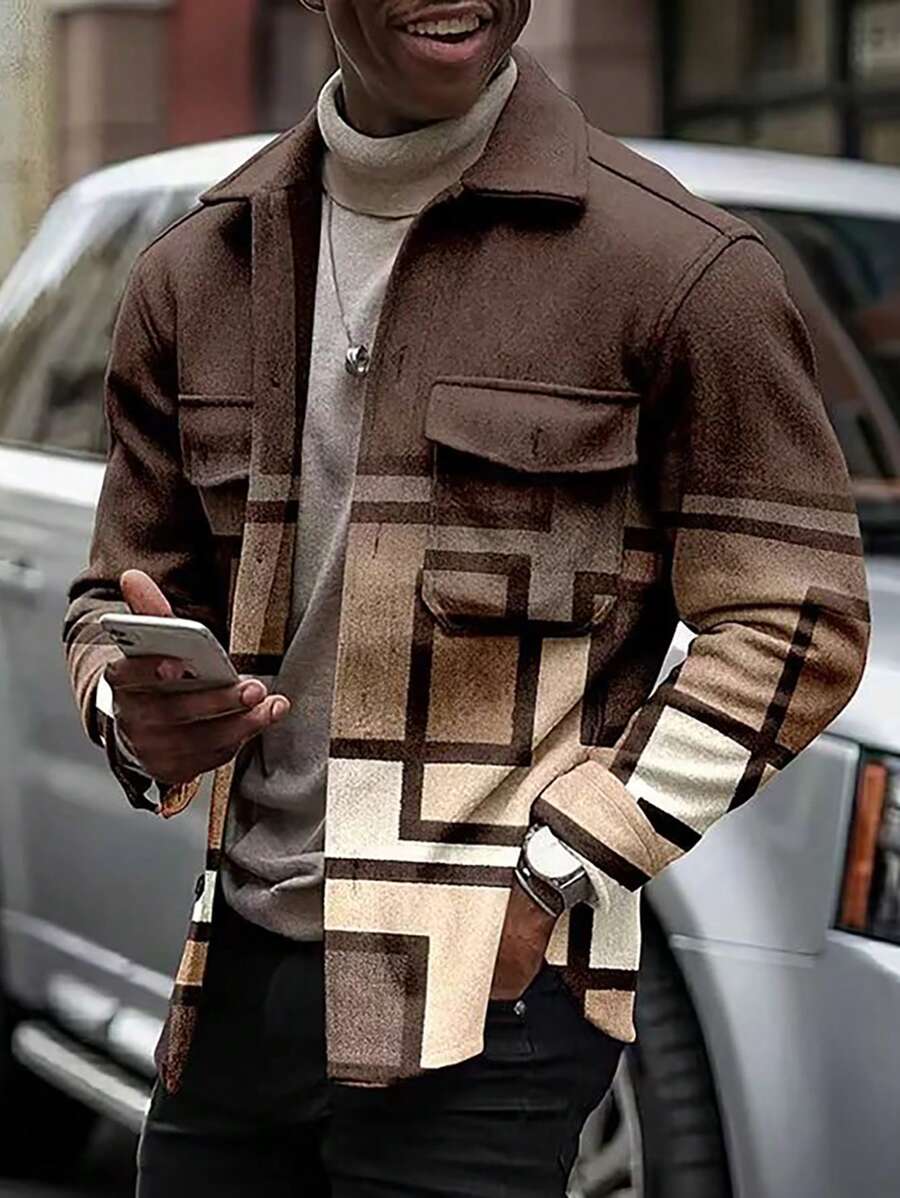 Manfinity Homme Men's Color Block Buttoned Jacket With Pockets For Casual Wear, Long Sleeves Going Out Colorful Long Sleeve Jacket, For Friends, Husband, Boyfriend Gifts Men Plaid Jacketmen Shacketmen's Shacketmens Shacket