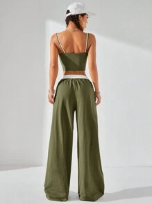 Coolane 女士時尚街頭風格色塊拼接套裝，春夏季，2合1背心加色塊褲 - 軍綠色 - 查看 11