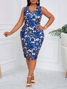 SHEIN Lady Plus Size Women's Business Professional Blue Lace Floral Burnout Elegant Slim Fit Midi Dress