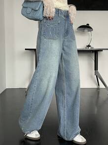 FRIFUL 高腰寬腳牛仔褲 - 中等水洗藍 - 查看 7