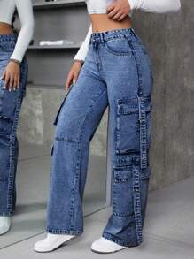 SHEIN ICON Women's Washed Workwear Straight Leg Jeans - Dark Wash - View 3