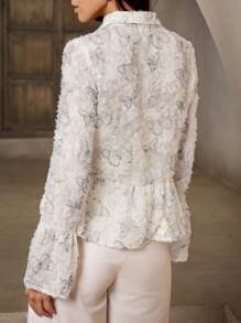 Aveloria French-Style Waist-Cinching Slimming Random Cut Flower Bell Sleeve Shirt With Unique Design