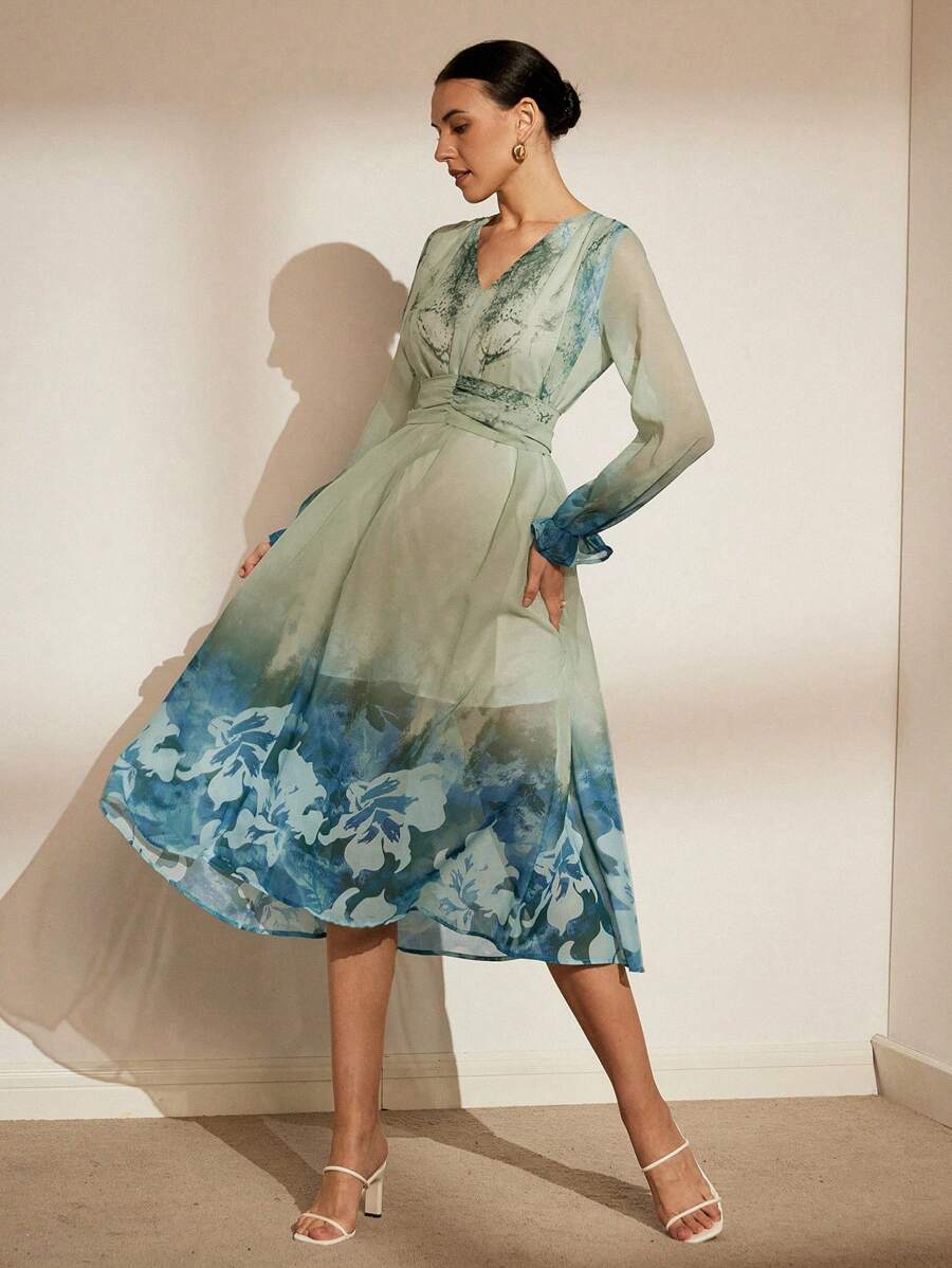 Aveloria Modichic 印花優雅小洋裝，V領及腰帶，長袖女裝洋裝