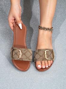 圆头平底度假高端2025夏季新款闪亮高品质优雅宽楦大码女凉鞋 - 卡其色 - 查看 3