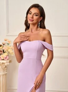 SHEIN Belle Solid Color Off Shoulder Slit Bridesmaid Dress (Adult) Elegant Formal Evening Prom Wedding Guest Gown, For Graduation, Dinner Party Dress