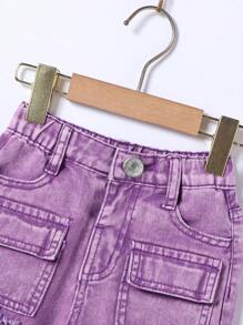 Young Girl Vintage Street Style Ripped Distressed Light Wash Straight Leg Cargo Jeans With Multiple Pockets - Purple - View 3