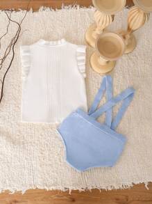 Baby Girl Simple Ruffle Trim Sweater Vest & Criss Cross Knit Shorts - Blue and White - View 2