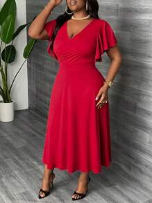 Slaydiva Plus Size Elegant & Party & Daily Wear Slim Fit A-Line Dress With Cross Neckline, Ruffled Sleeves And Flounce Hem Women's Midi Dress, Spring/Summer - C - Red - View 5