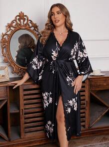 Bata estampada con decoración de encaje para mujer de talla grande, ideal para vacaciones
