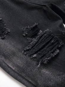 Chillumni Men Ripped Frayed Raw Trim Jeans - Black - View 5