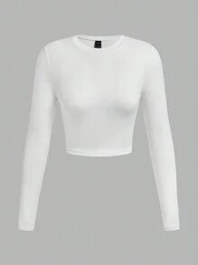 SHEIN EZwear 3 chiếc áo thun nữ cổ tròn mini giải trí kiểu dáng đơn giản dài tay cắt ngắn - Đen và trắng - Xem 5