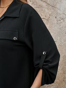 EMERY ROSE Plus-Size Fall Women Clothes Black Cargo Style Style Teacher Shirts With Pockets And Zipper For Autumn & Winter Tops With Sleeves Business Casual Woman Work Blouse Business Blouse - Black - View 6