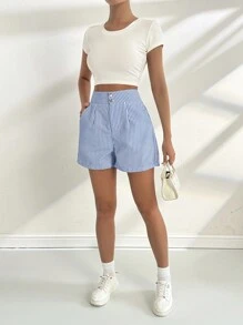 Chiquease Shorts simples de rayas para mujeres para uso diario - Azul - Ver 6