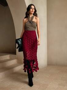 Anewsta Laser Cut Multi Circle Double Layered Skirt Burgundy Maxi Women Outfit - Burgundy - View 7