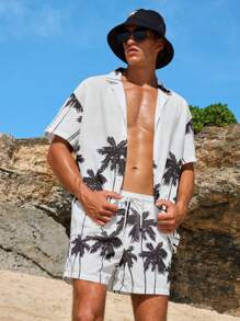 Manfinity Conjunto de camisa de manga corta y pantalones cortos casuales para hombre, conjunto de playa con estampado aleatorio, ropa de playa con gráficos, para vacaciones en la playa - Blanco - Ver 8