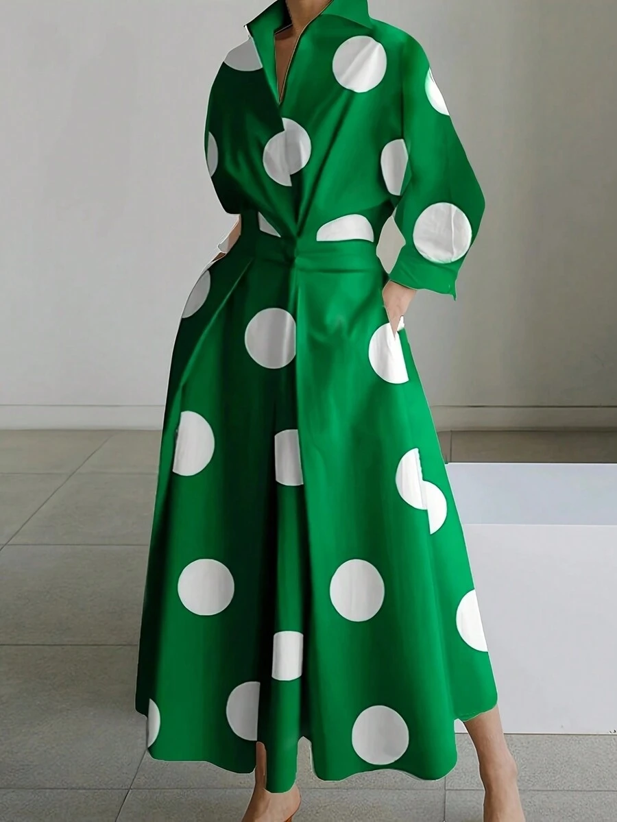 Polka Dot Print Slant Pocket Drop Shoulder Belted Long Dress