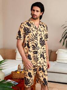Manfinity ChillVibe 男士熱帶印花短袖和短褲套裝，夏季休閒居家服 - 彩色 - 查看 5
