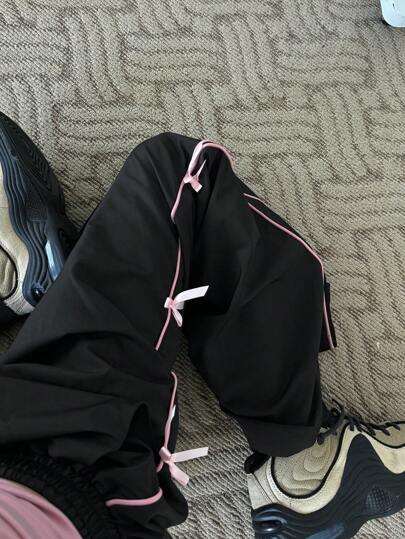 DAZY 女士纯色简约日常长裤，带蝴蝶结装饰 Y2k 夏季