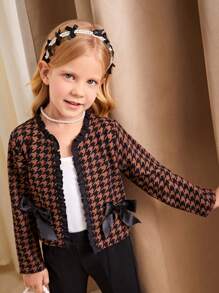 SHEIN 年轻女孩休闲百搭秋冬短款千鸟格夹克，搭配黑色蝴蝶结和装饰边饰，前开式设计，轻盈奢华别致，适合秋冬季室内穿着