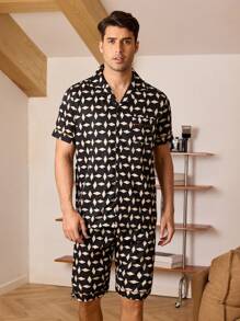 Men's Simple Printed Short Sleeve And Shorts Homewear Set - Black - View 7