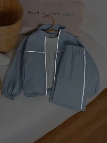 SHEIN Conjunto de chaqueta casual y deportiva que brilla en la oscuridad para niño preadolescente, azul claro, sencilla y versátil