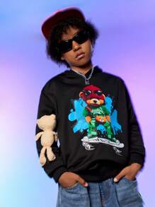 SHEIN Explorewe Boys' Hooded Knit Sweatshirt With Printed Design, Matching Doll Included - Black - View 1