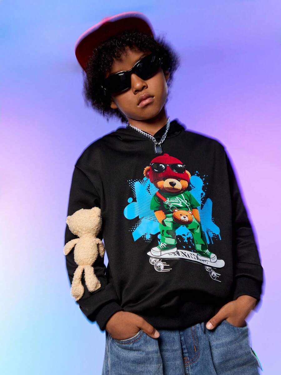 SHEIN Explorewe Boys' Hooded Knit Sweatshirt With Printed Design, Matching Doll Included - Black - View 1