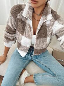 SHEIN Frenchy Women's Plaid Long Sleeve Short Plush Jacket, Fall And Winter,Women Pajama,Fall Women Jackets,Going Out Tops,Flannels Women,Business Casual Women,Plaid Jacket,Wedding Dress Guest,Winter