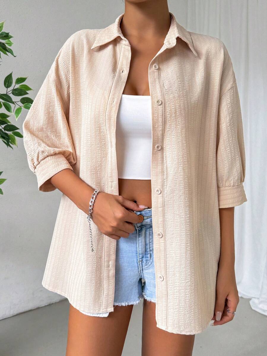 SHEIN EZwear 實心下垂肩按鈕前沙灘襯衫 - 杏色 - 查看 1