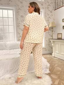 大碼花卉印花領口和釦扣前睡衣套裝 - 杏色 - 查看 2